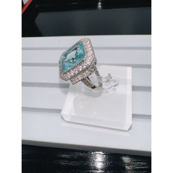 Aquamarine Cubic Zirconia & White Crystal Statement Ring - Picture 15 of 16